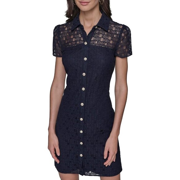 Women's Light Cotton Blend Mini Dress Short Sleeve Collared Work Casual